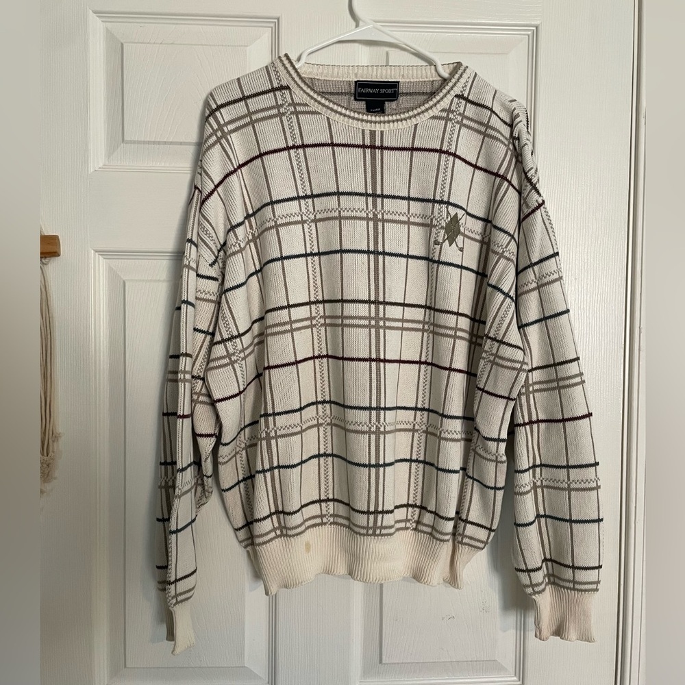 Vintage Fairway & Greene Men’s Cream Plaid Crewneck Sweater w Multicolor Stripes